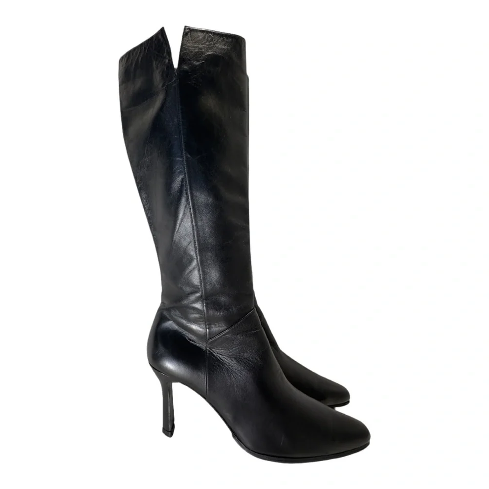 STUART WEITZMAN | Black Leather Square Toe High Heel At The Knee Boots 8 B